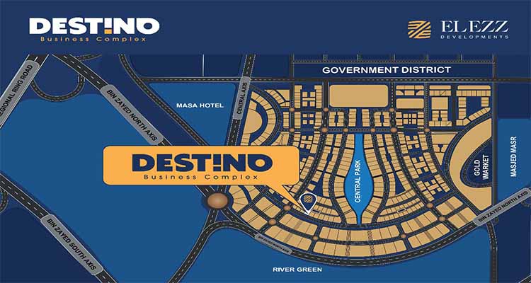 Location of Destino New Capital - El Ezz Developments Offices - Clinics - Retail - موقع دستينو العاصمة الإدارية - العز للتطوير العقاري - عيادات - محلات تجارية  - مكاتب ادارية